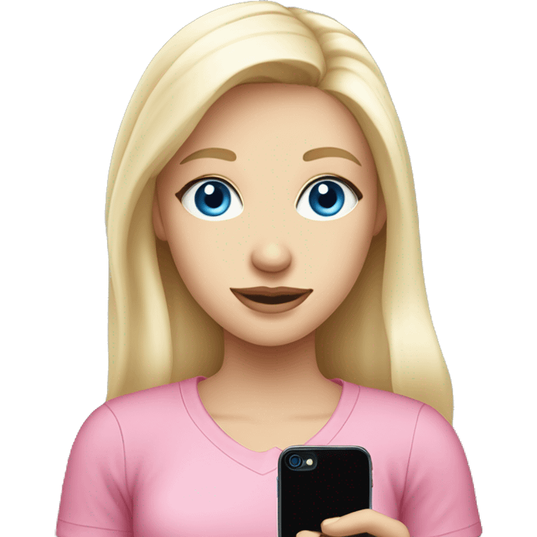 a blue eyed white blond hair girl wearing a pink shirt holding a pink iphone  emoji