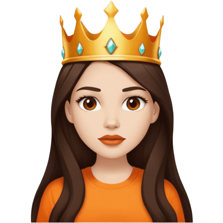 a White beautiful girl white natural lipstick and long dark brown hair, and orange shirt and a crown emoji