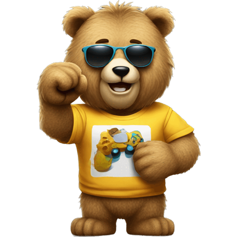 Fuzzy bear wearing a gaming shirt and wearing sunglasses and giving a fist bump  emoji