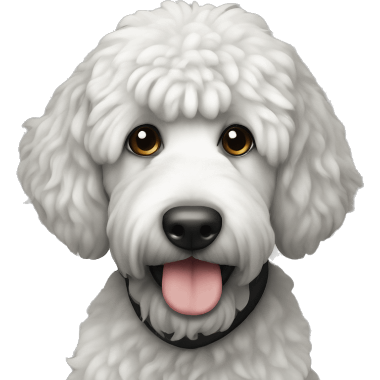 sitting Bernadoodle black with white near mouth emoji