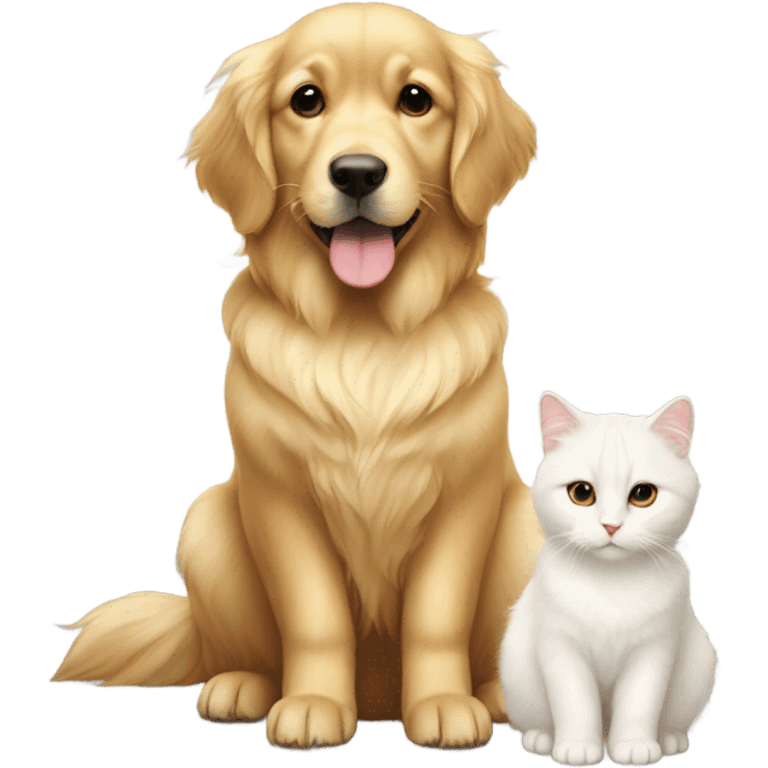 golden retriever next to a fluffy white cat  emoji