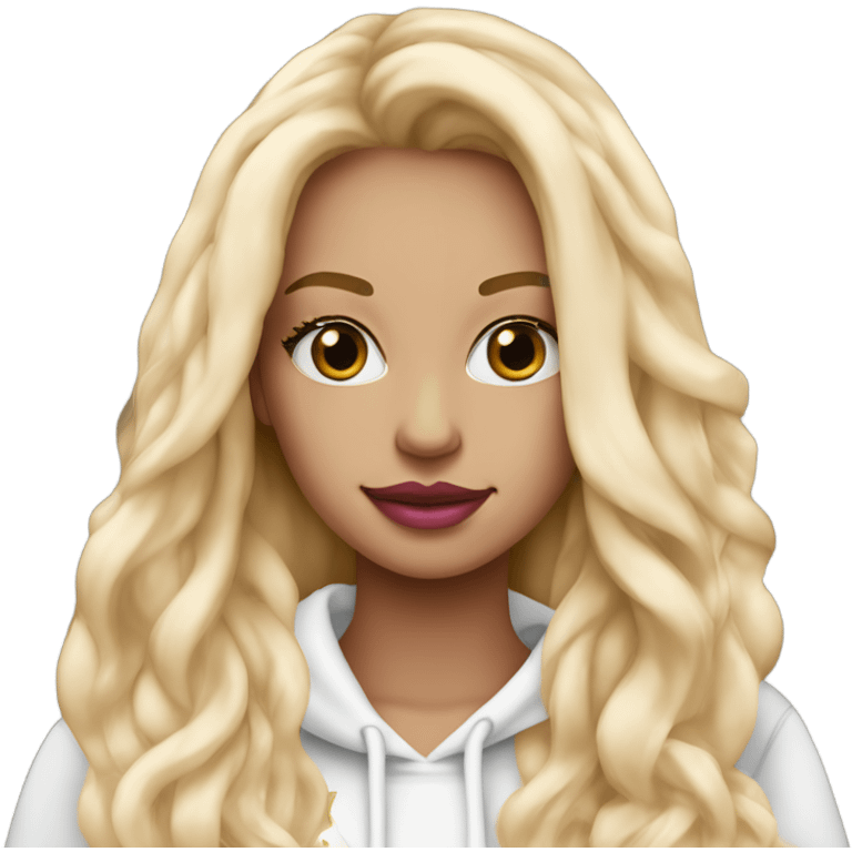 girl with long blonde hair extensions with pink lips and lashes with a Starbucks in her hand and a white hoodie on emoji