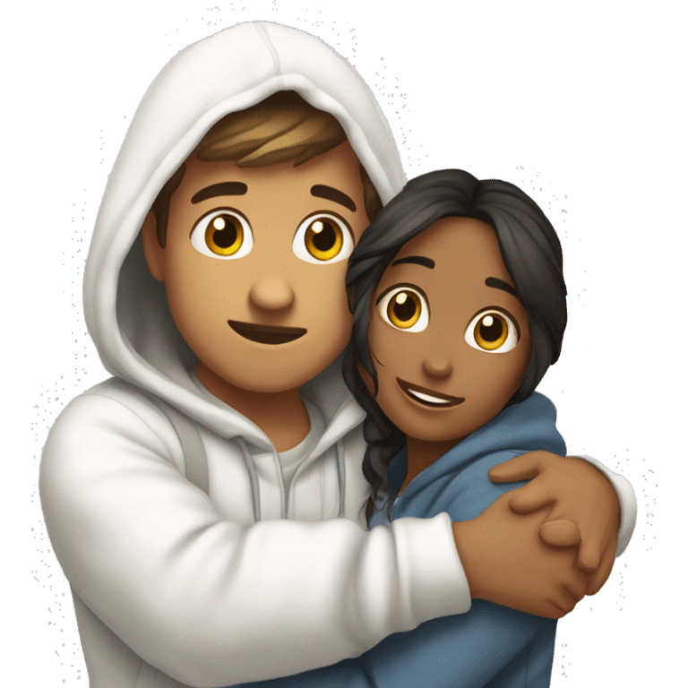 An emoji of a man wearing a white hoodie, standing next to his sister. He is hugging her warmly, showing a close sibling bond emoji