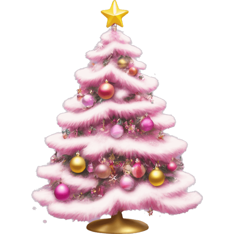 Coquette pink Christmas tree with ornaments and snow emoji