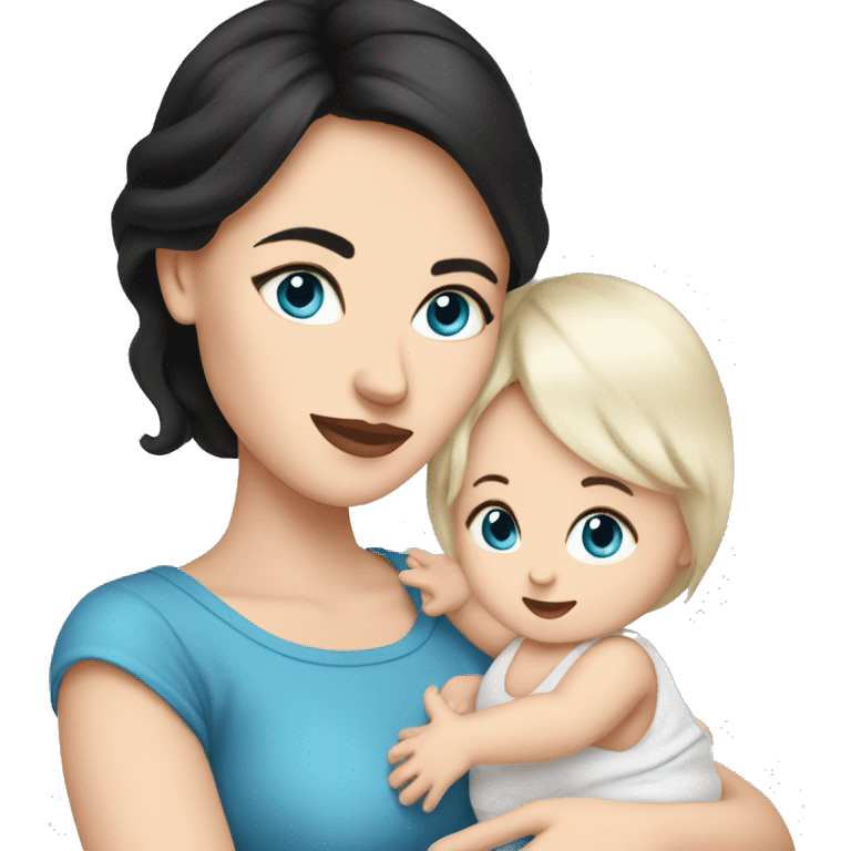 mom holding newborn baby girl with blue eyes white skin black hair emoji