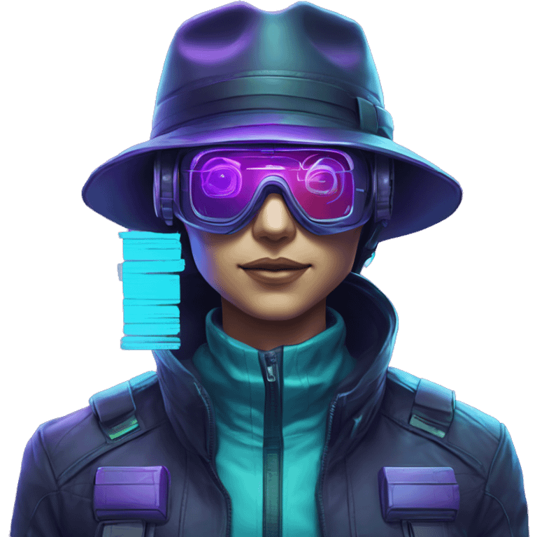 Secret human agent in a hat with  cyberpunk elements in VR googles scanning looking reviewing multicolor lines of code, cyan and purple colors, only upper body portrait emoji