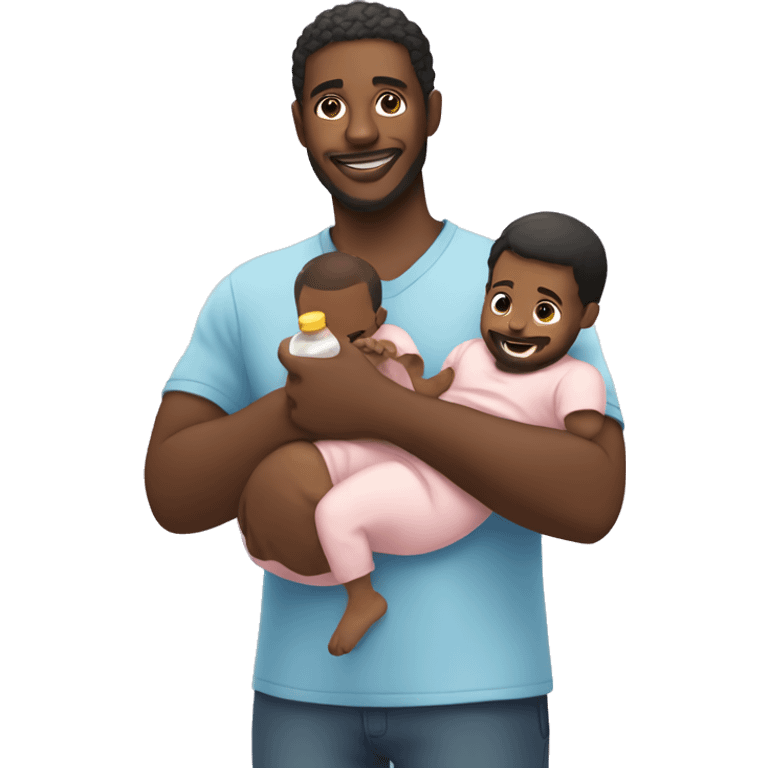 Black man holding baby and bottle of baby oil emoji