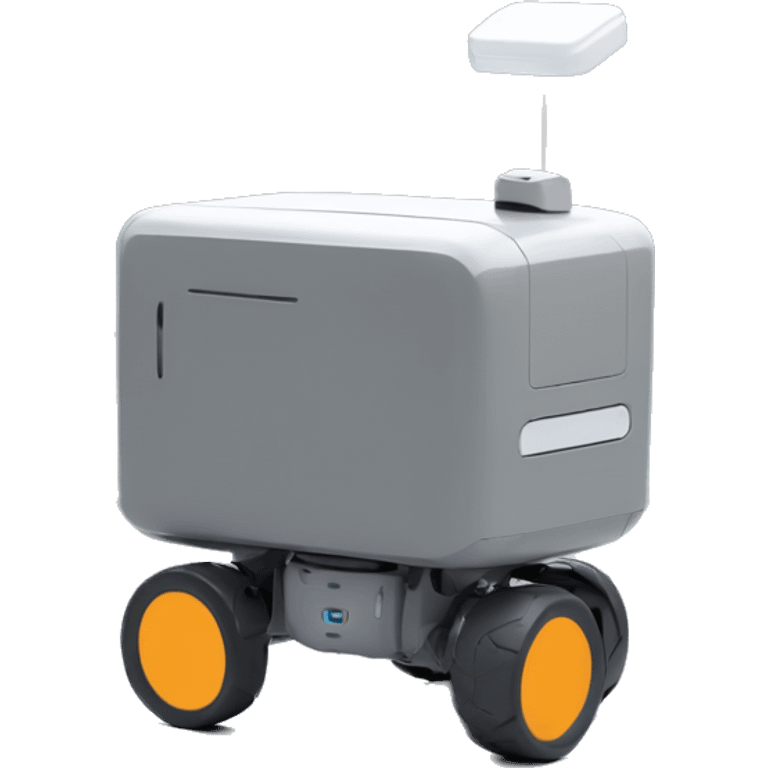 solid horizontal rectangle gray delivery robot with white circle white led eyes and opening lid on 4 wheels, minimalistic design, only rectangle emoji