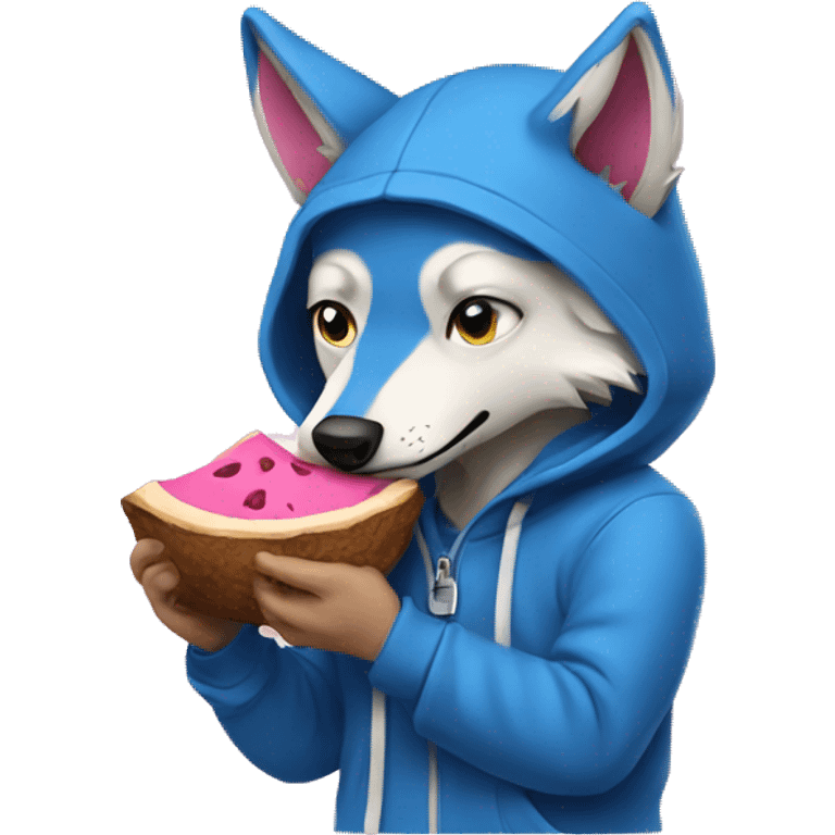 Pink wolf wearing blue hoodie and eat tree emoji