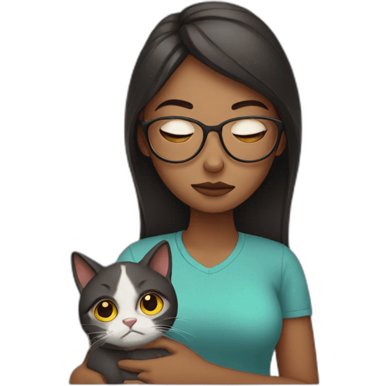 depressed woman wearing glasses and holding a cat emoji