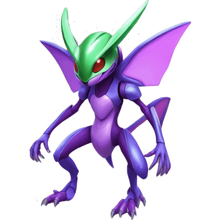 a shiny purple Genesect-Flygon-Raptor-Fakémon—hybrid with a futuristic visor-helmet full body emoji