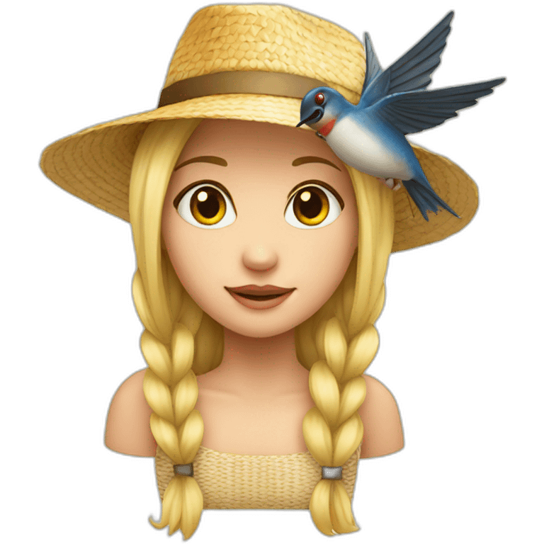 a blonde girl with a swallow with pigtails in straw a hat emoji