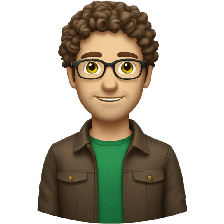 Caucasian male, shoulder length curly brown hair, green eyes, brown glasses, stubble emoji