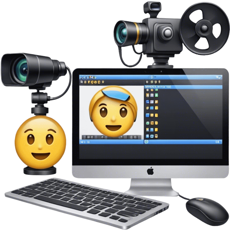 Create an emoji of video editing. Should feature a video editing timeline or interface on a computer screen, showing clips and a playhead. Include a video camera and editing tools. No smiley faces. Make the background transparent. emoji