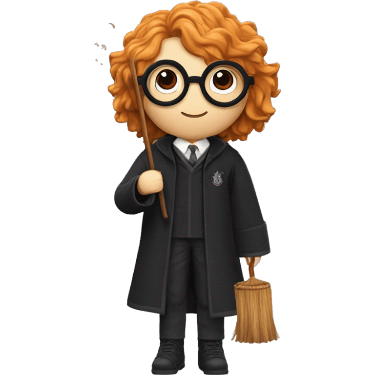 Harry potter avec les cheveux noir ondulé une baguette magique dans la main gauche et un pot de fleur dans la main droite une cicatrice en forme de z sur son front des lunettes ronde  emoji