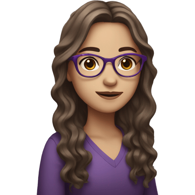 Girl who has brown hair and purple glasses, long wavy hair, whitw emoji