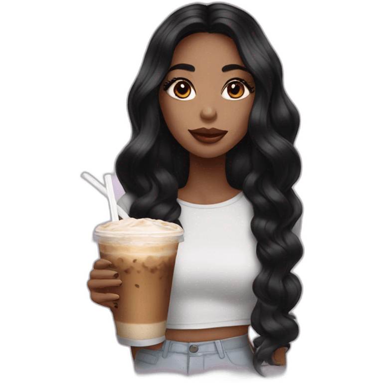 girl with long lashes, big lips, black hair drinks ice latte emoji