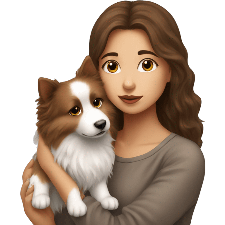 beautiful girl with brown hair kissing her fluffy spitz dog emoji