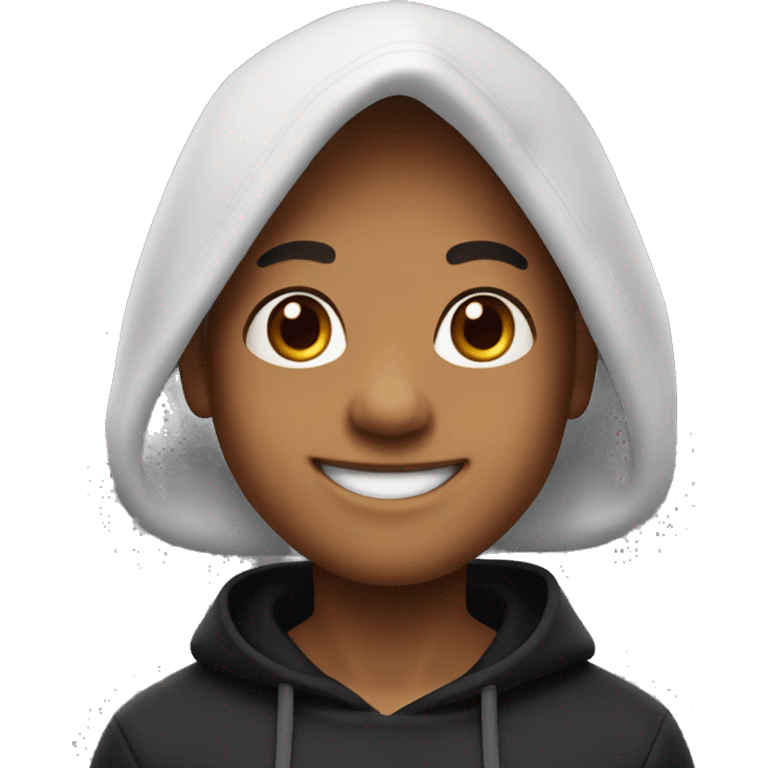 A 3D Memoji of a boy with a friendly expression, wearing a black hoodie and waving while saying "hi". The Memoji should have vibrant and expressive facial features with realistic fare skin, long hair emoji