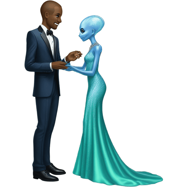 alien reptilian green skin woman, in long slim pastel blue formal party satin dress with gradient shiny sparkling navy blue diamonds embroidered , and caucasian man in black dres on his knees asks her to marry her emoji