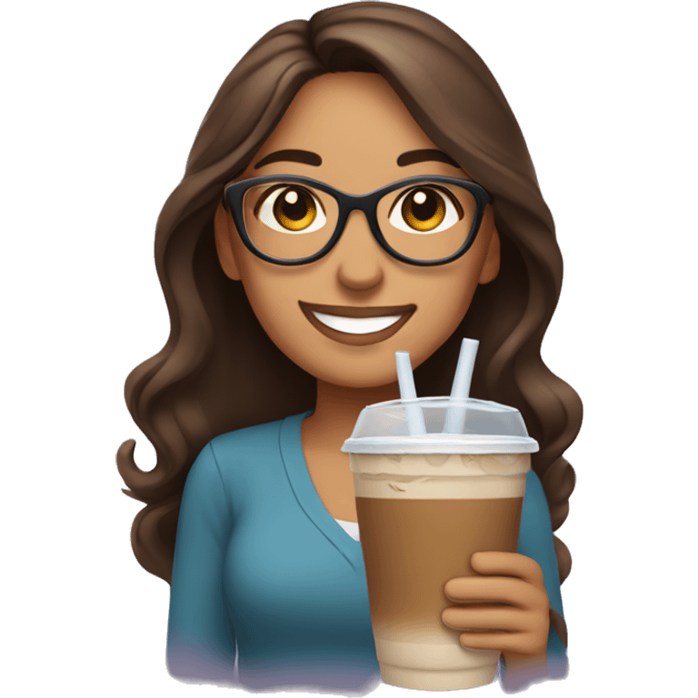 Smiling Hispanic woman with long brown hair wearing glasses holding an iced coffee emoji