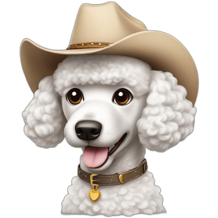 Happy, Poodle mix dog with white fur wearing a cowboy hat emoji