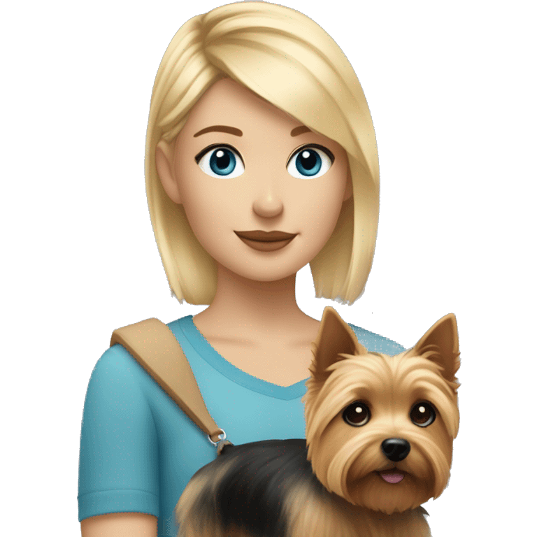 me - girl with blond hair on top and black line under with blue eyes with norwich terrier dog  emoji