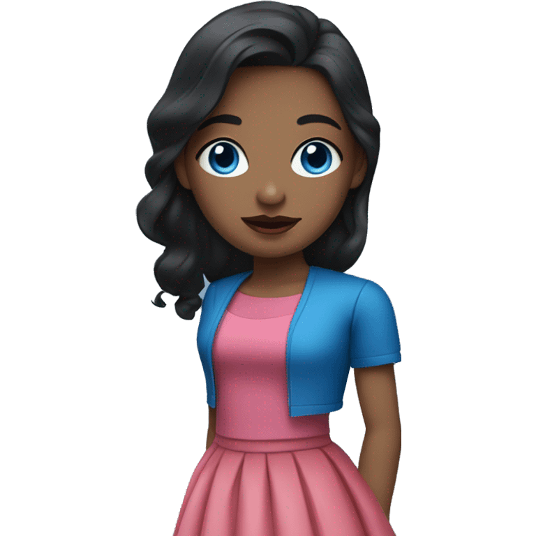 A girl with black hairand blue eyes and red lips and pink top and blue skirt emoji