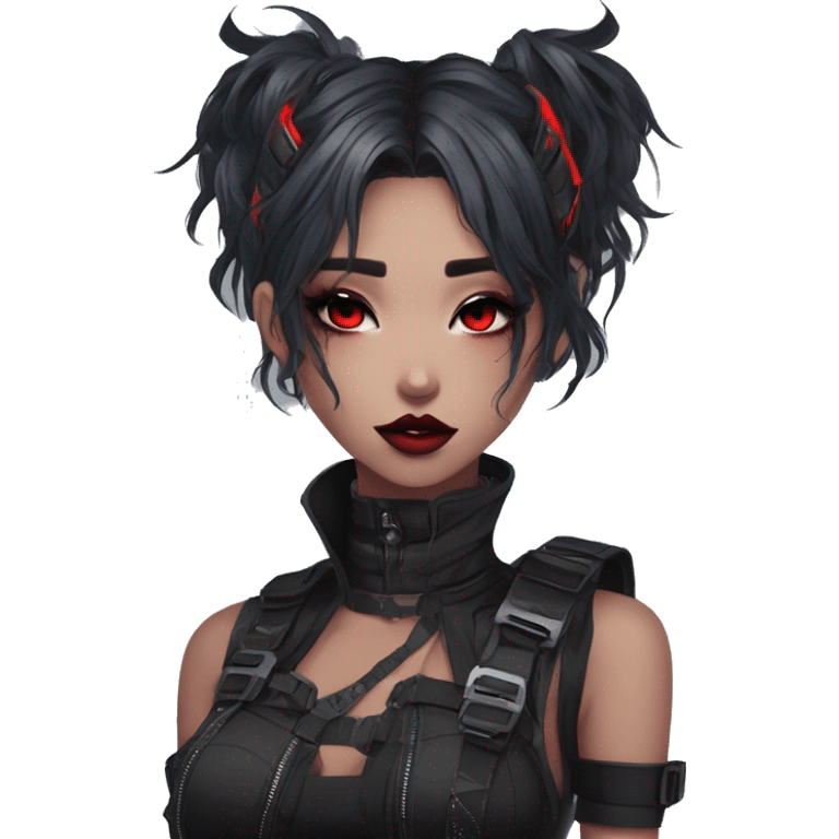 Gorgeous futuristic gothic techwear anime style lady with blushing face aesthetic and pretty edgy black red punk messy wild cute hair with collar and harness trending style emoji