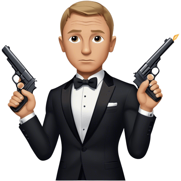 Cinematic Realistic James Bond Daniel Craig Portrait Emoji, depicted as the ultimate suave and enigmatic secret agent, donning a sharply tailored tuxedo, gripping a sleek handgun, with a piercing gaze that exudes confidence and danger. The scene is infused with moody, high-contrast cinematic lighting, evoking the thrilling world of espionage and intrigue. emoji