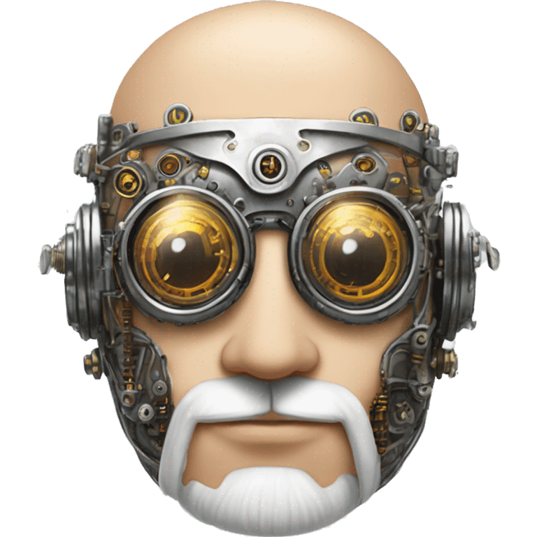 Bald cyborg head with silver steampunk goggles, white beard and circuits emoji