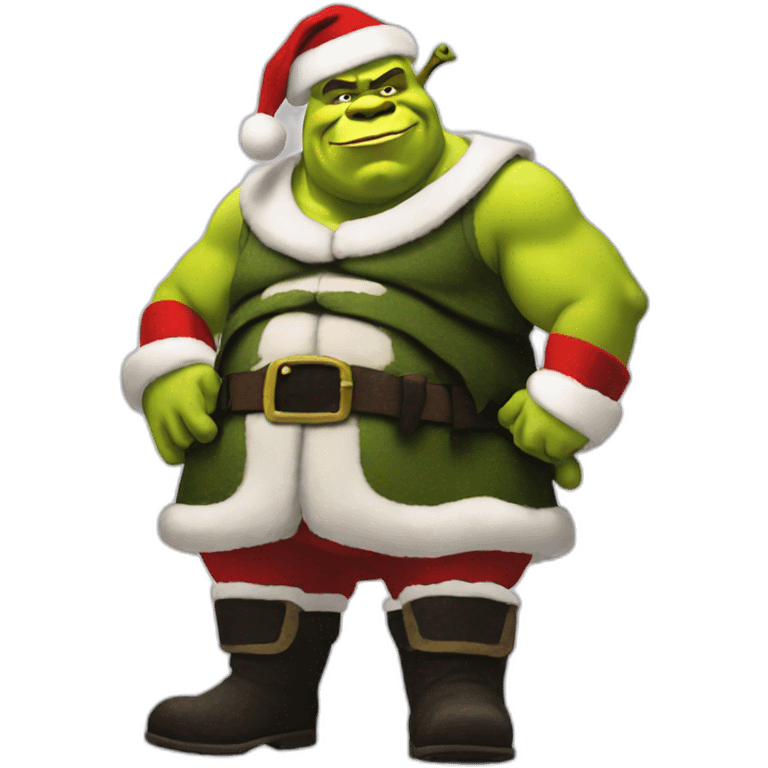 shrek as santa standing with black shoes with ak emoji