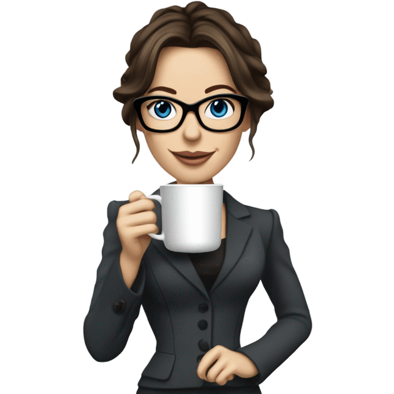 Realistic Kate Beckinsale blue eyes wearing glasses in a business dress drinking a cup of tea  emoji