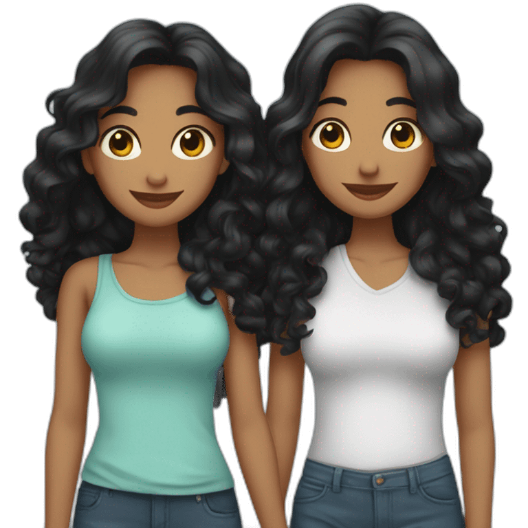 2 girlfriends hugging 1 with long black hair one with middle lenght curl hair emoji