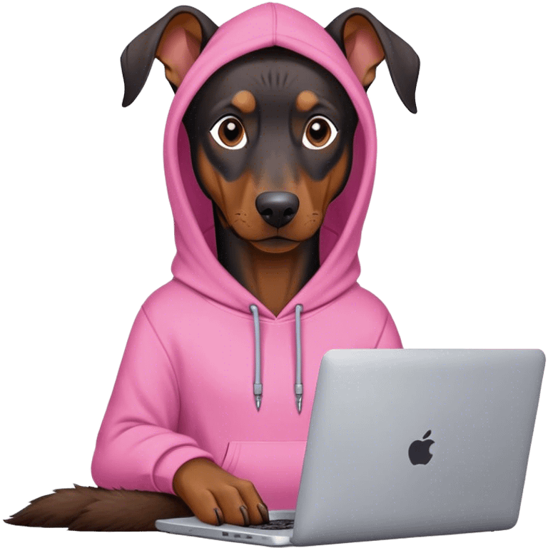 Doberman pincher in a pink hoodie behind a laptop emoji