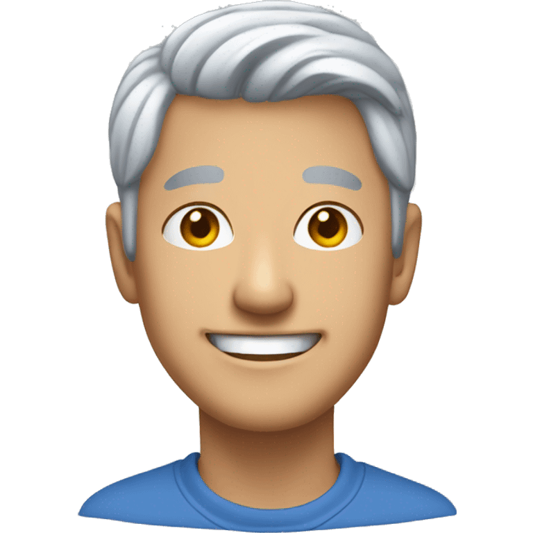 Silver haired asian man smiling blue hoodie emoji