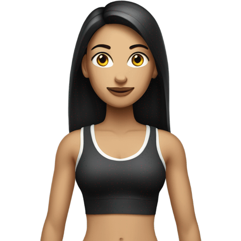 a white color woman with black long straight hair wearing a workout set and having a designer purse on her hand  emoji