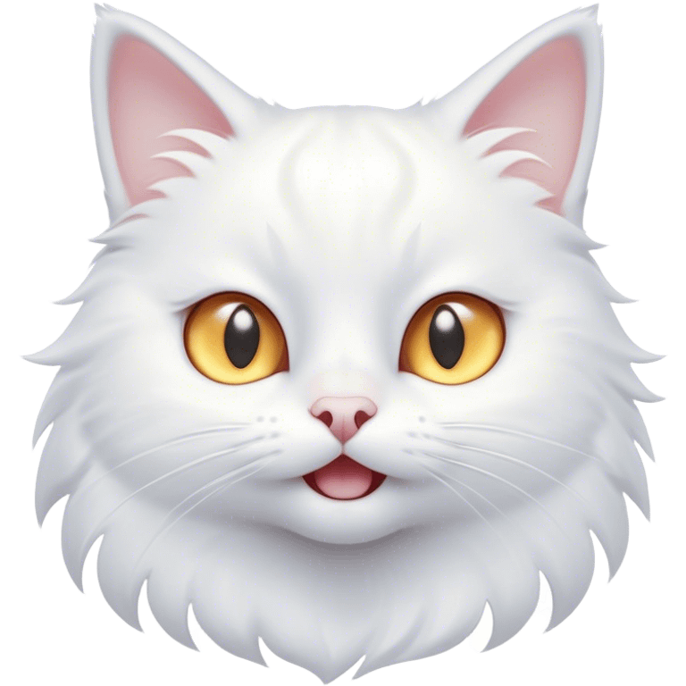 Cinematic Comical White Cat Portrait Emoji, Head tilted in an exaggerated, surprised manner with wide, sparkling eyes, showcasing a pristine white fur with subtle hints of silver and an animated, goofy expression, simplified yet whimsically detailed, glowing with a playful, bright radiance, high shine, exuding a lighthearted and comical charm, styled with a soft glowing outline, capturing the essence of a white cat that looks ready to prance comically off the screen! emoji