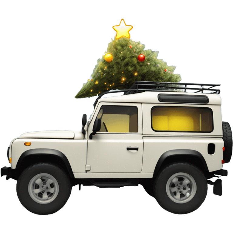 Side picture Off white old defender jeep with Christmas tree on the roof with Christmas lights, very small yellow lights  emoji