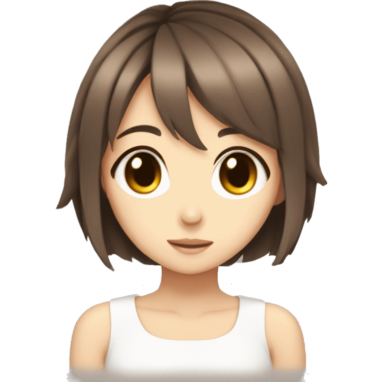 Cute anime girl, short hair, brown eyes, innocent emoji