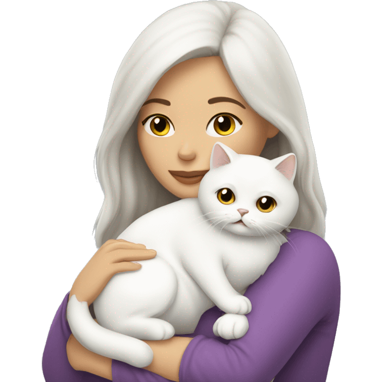 Brunette woman snuggling white Persian cat emoji