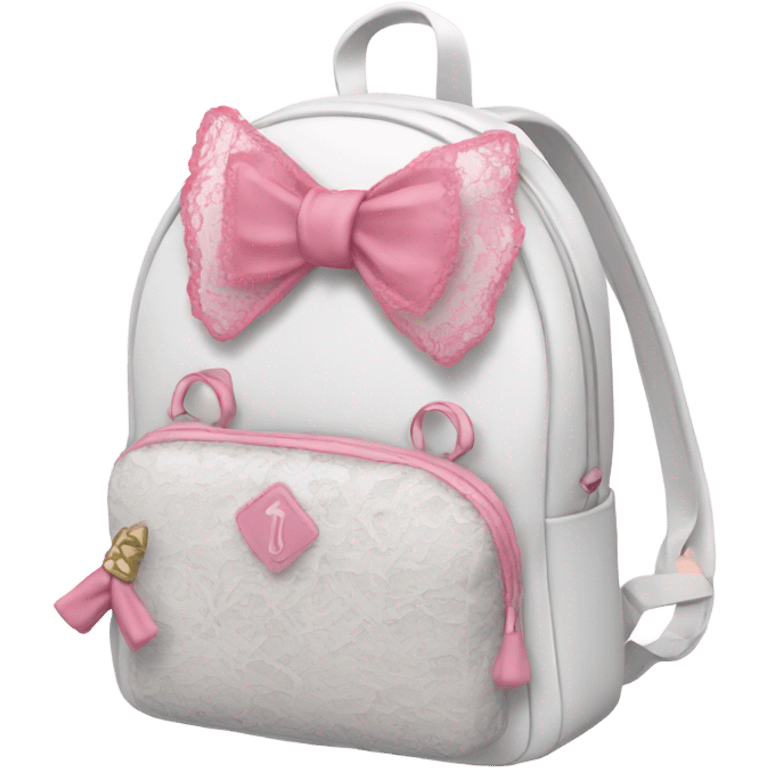 A white mini backpack with pink lace and bows emoji