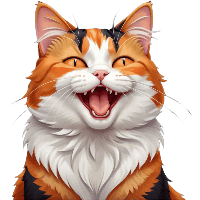 Cinematic Cute Yawning Calico Cat Portrait Emoji, Head tilted mid-yawn with a charming, relaxed expression, showcasing a soft patchwork fur of vibrant orange, black, and white, simplified yet irresistibly adorable, highly detailed, glowing with a cozy, gentle radiance, high shine, exuding sleepy yet endearing charm, styled with a soft glowing outline, capturing the essence of a calico cat caught in a delightful yawn that seems ready to cuddle up for a nap! emoji