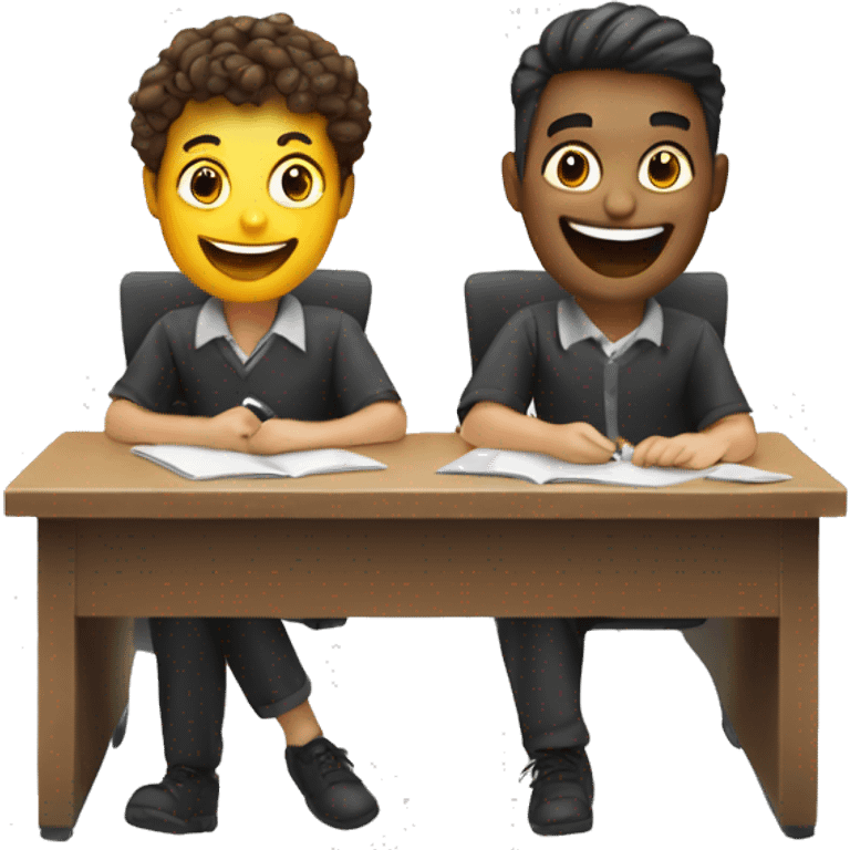 3 European students sitting at desk. They are laughing at lesson emoji