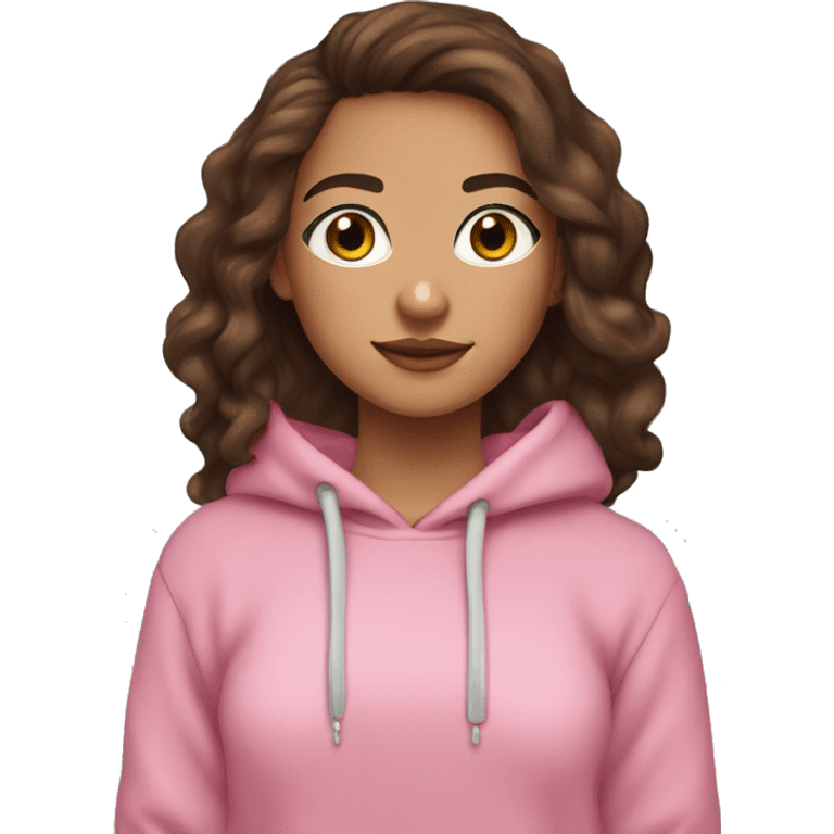 brunette girl long thick eyelashes nice eyebrows and freckles with long brown hair hazel eyes and a pink hoodie  emoji