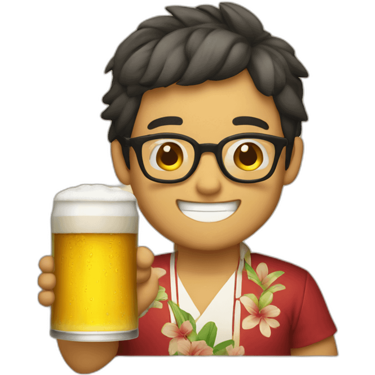 Japanese wearing glasses alohashirt is holding beer emoji