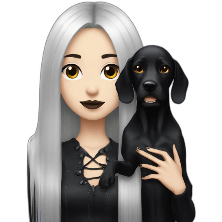 goth girl, long hair, with a black dog emoji