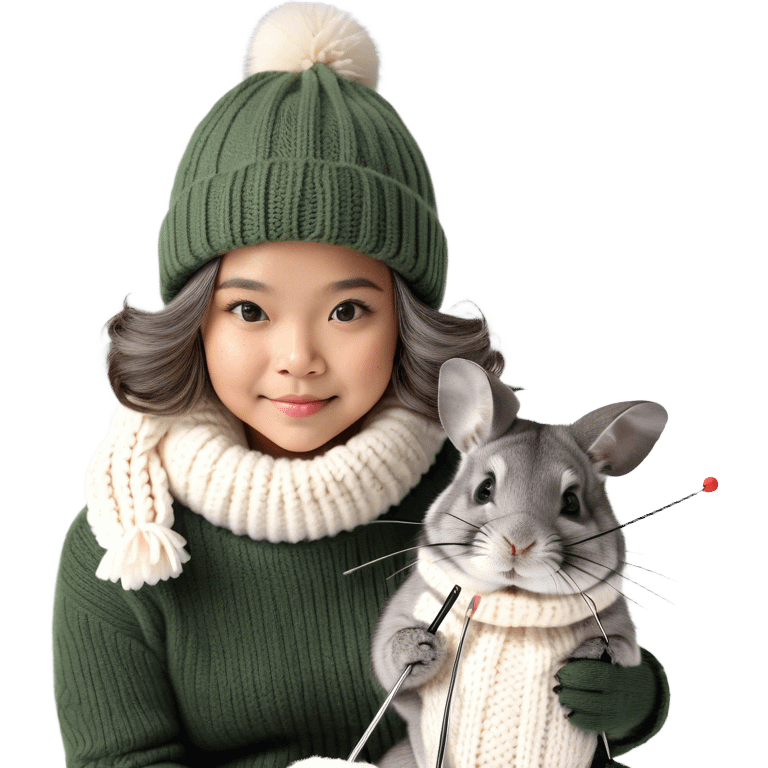 Cute girl chinchilla knitting on snow skis emoji