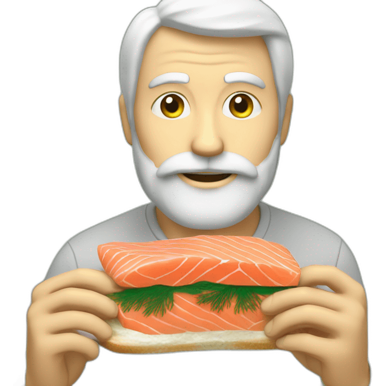 a white bearded man eating raw salmon on bread with dill on top of it emoji