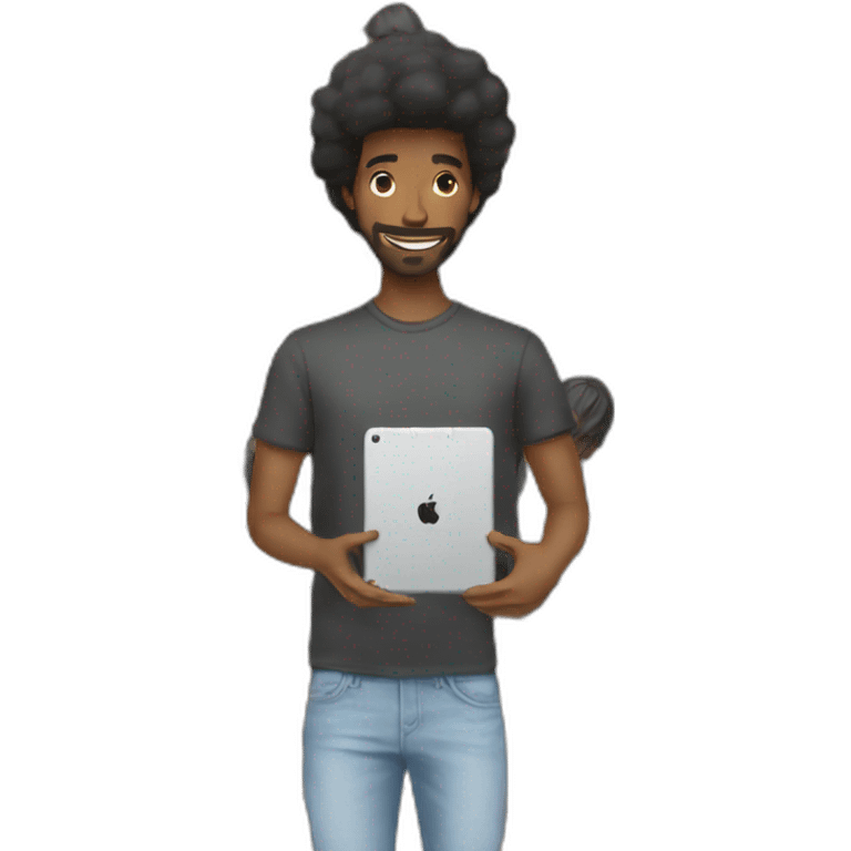 male black hair holding a digital tablet with social media platforms emoji